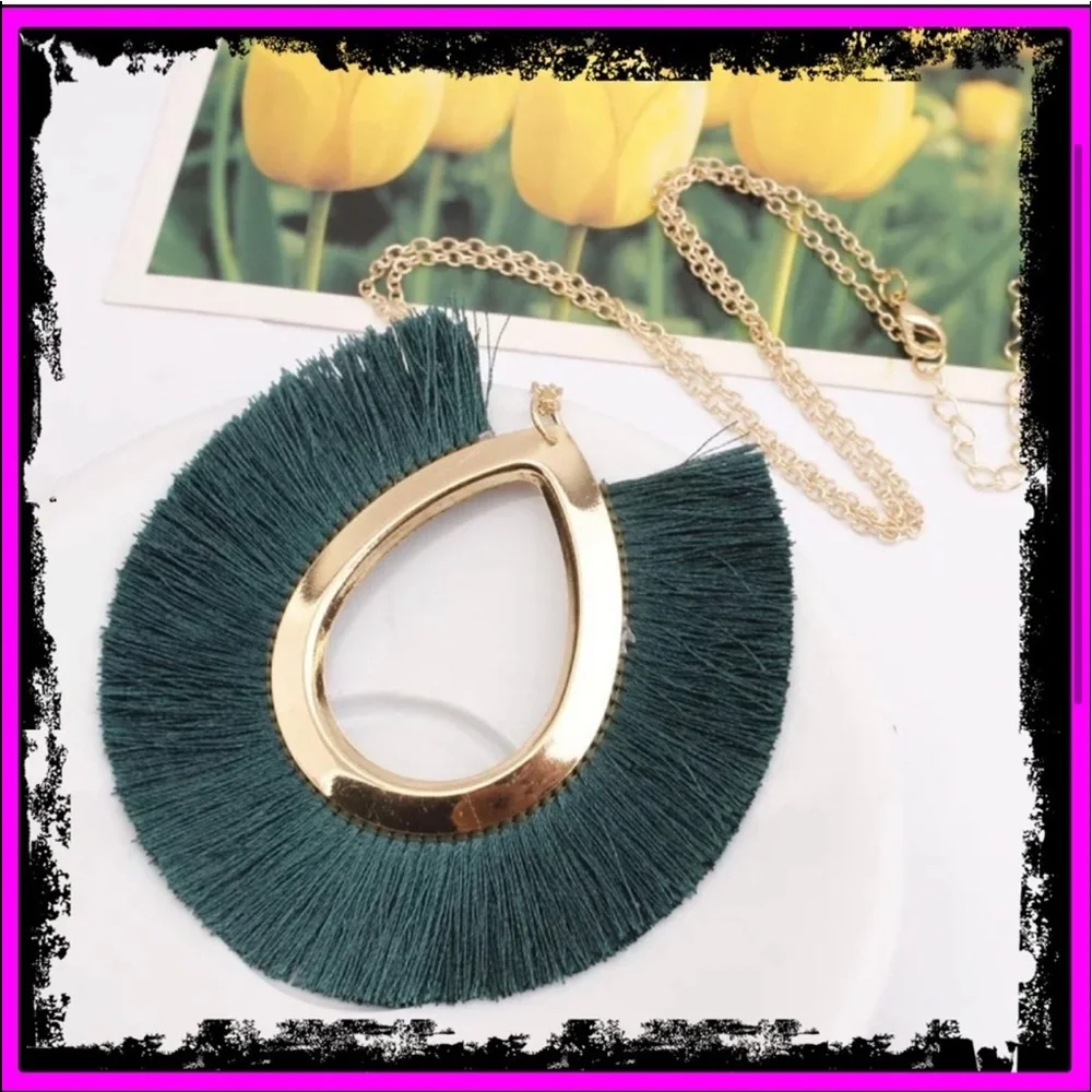 New Vintage Style Ethnic Green Tassel Boho 9k Gold Choker Statement Necklace - Picture 5 of 9
